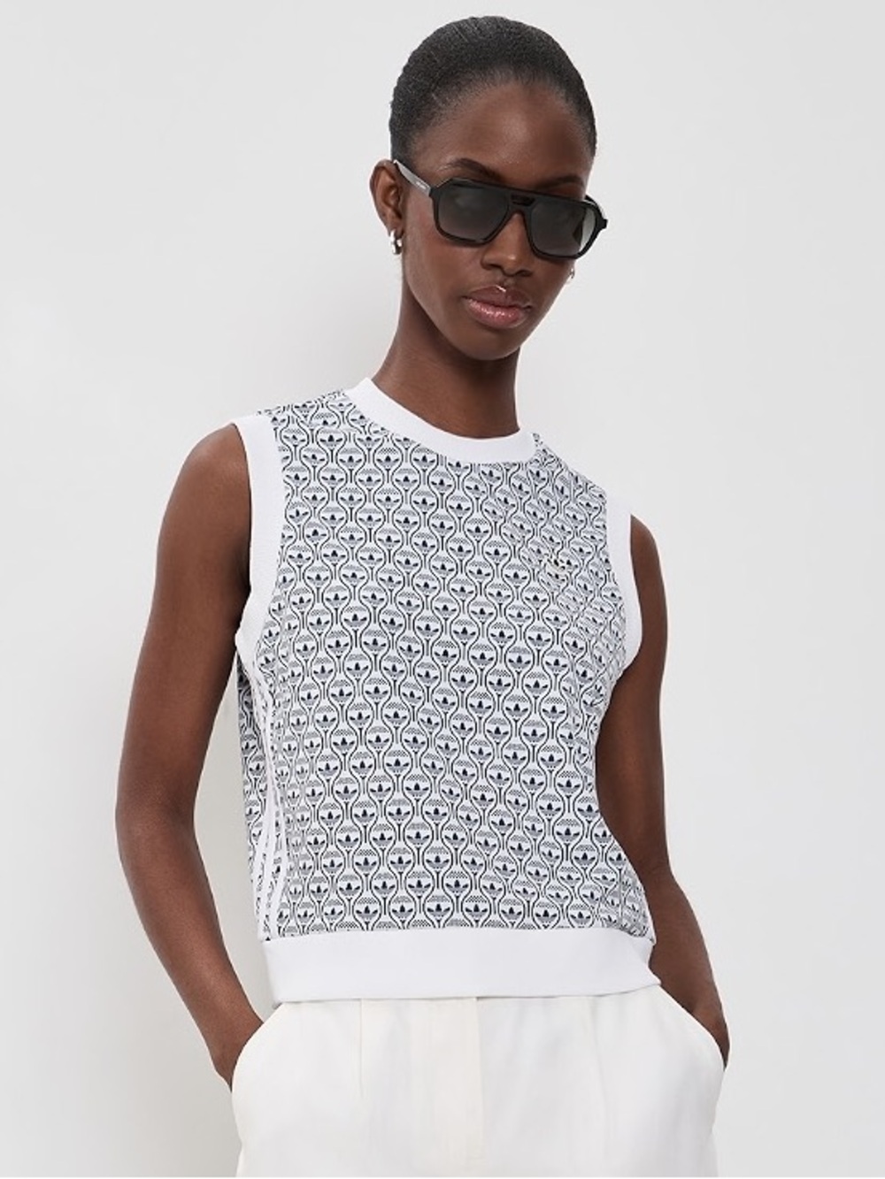 NWT Adidas Originals White and Navy All-Over Logo V-Neck Sleeveless Too